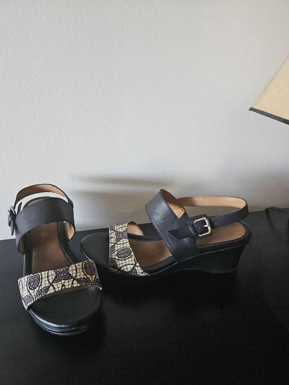 Naturalizer Black and Cream Wedge Sandals with Patterned Toe Strap